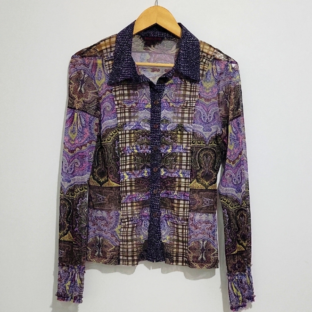 Simon Chang Women's Purple and Blue Button Down Top Artistic Pattern